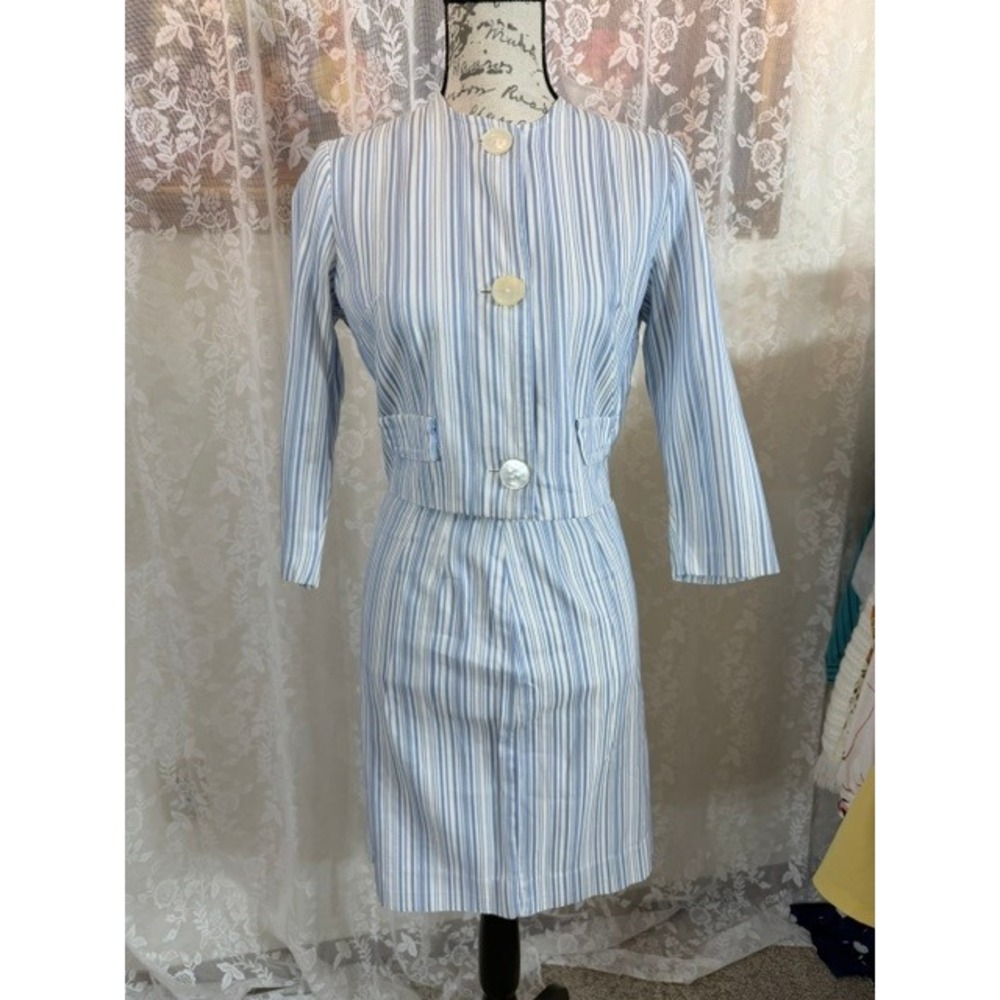 Vintage Personal Blue White Striped Skirt Suit Set ILGWU Union Tag 1960s Retro
